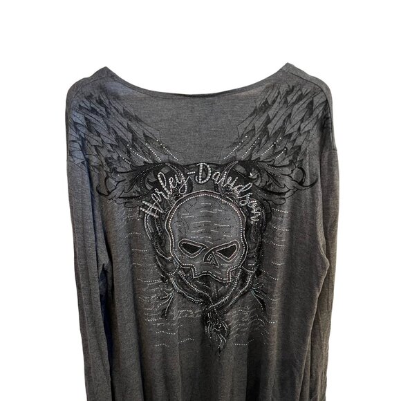 Harley Davidson Gray Open Front Cardigan Rhinestone Skull Design Women's Size L - Picture 5 of 8